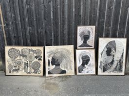5 afrikanische Bilder, Batik Leinwanddruck, Heidi Lange