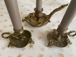 3 Kerzenhalter, Kerzenständer aus Messing od. Bronze, Asia?