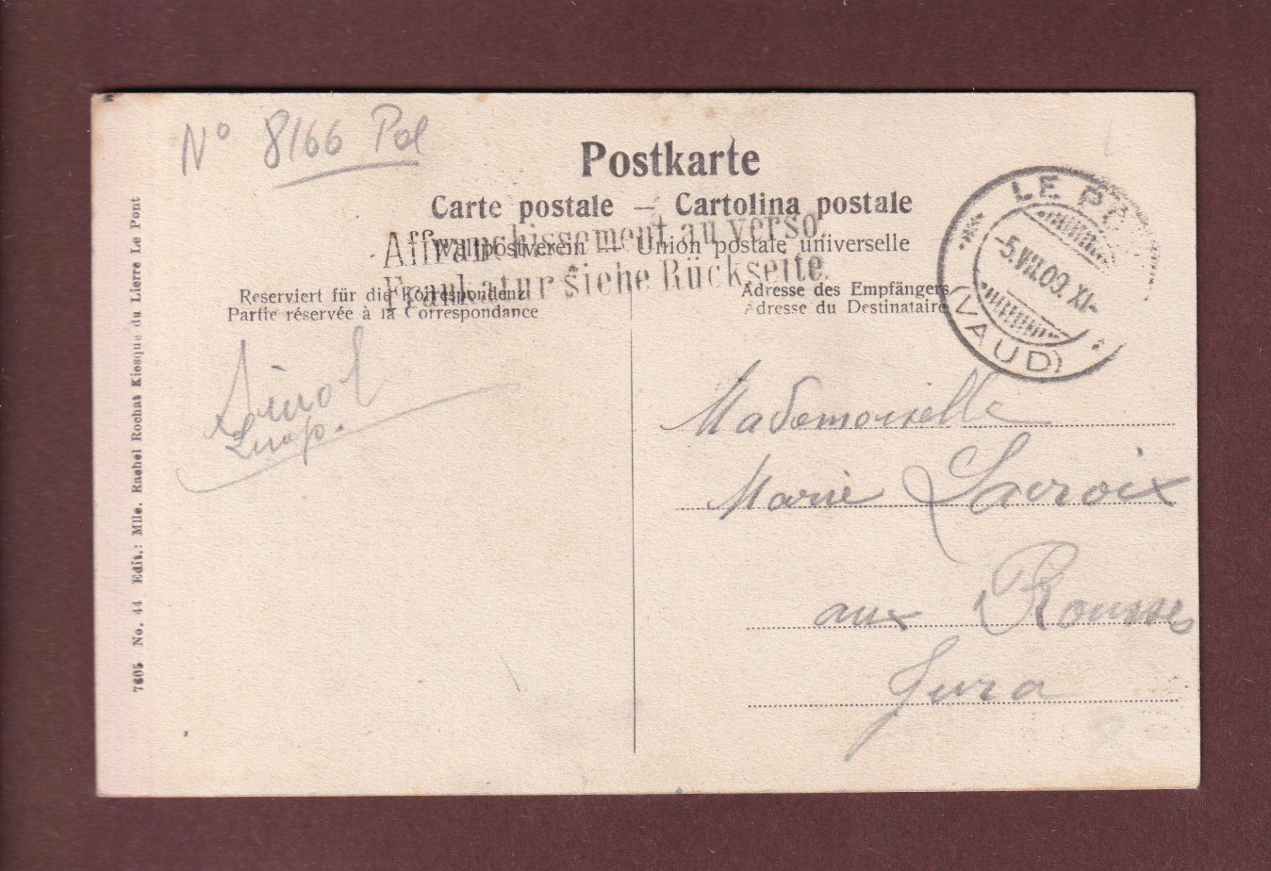 Ansichtskarten: LE PONT - A la pêche - 1909 – Gebraucht aus Pully von nicecards-shop 1