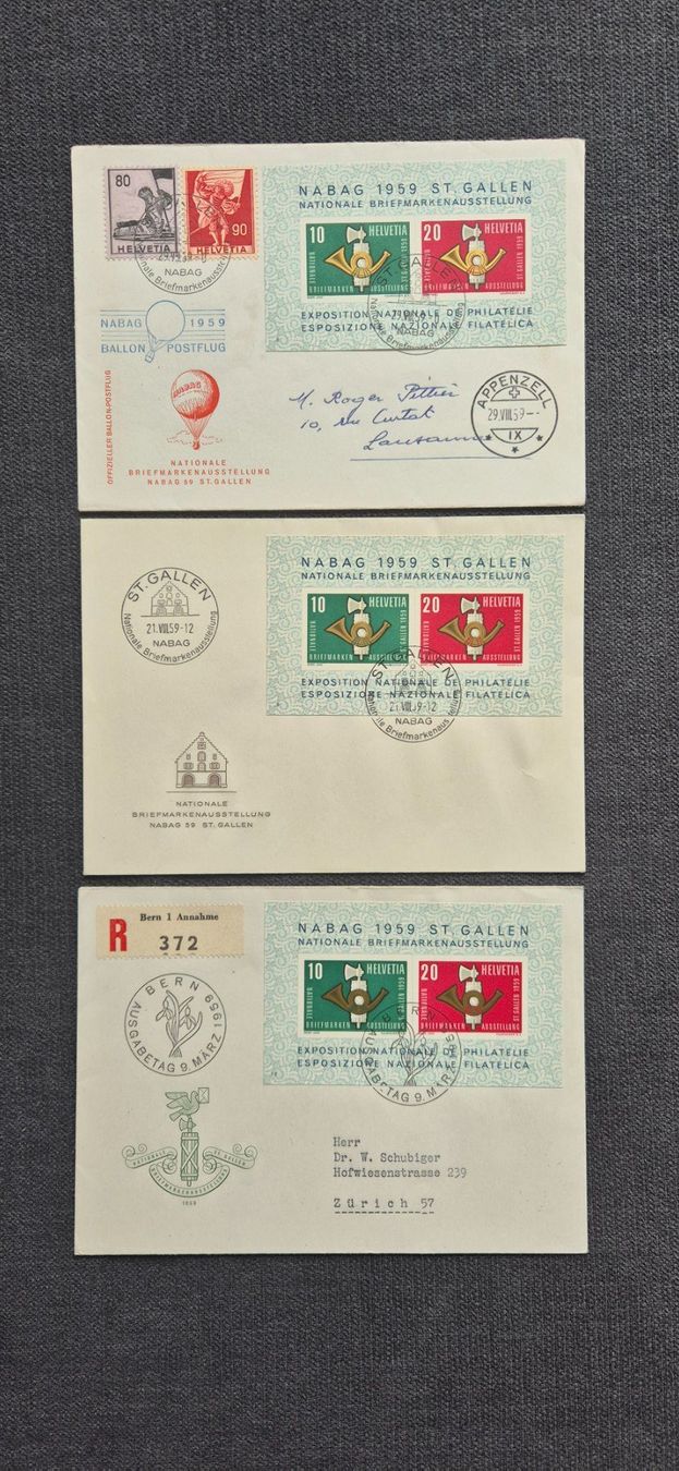 Alle Briefmarken: 2x Briefumschläge NABAG, 1x Ersttagsbrief alle 1959 – Gebraucht aus Horw von mi.ba