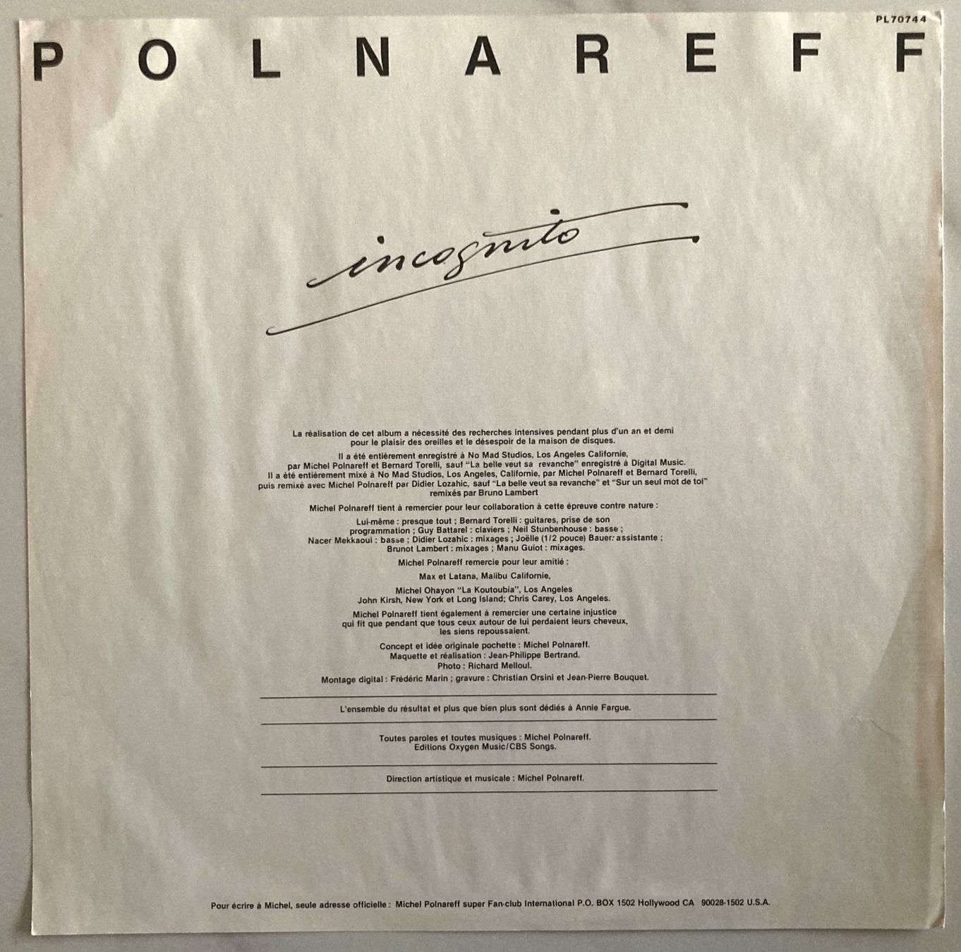 Dischi in vinile: MICHEL POLNAREFF - INCOGNITO – Usato da Poliez-Pittet venduto da Newtown-Records 2