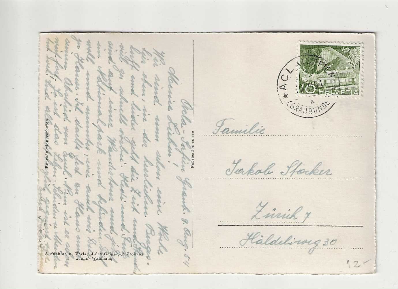 Ansichtskarten: Tenna, 1954 – Gebraucht aus Spiez von Niesen20 1