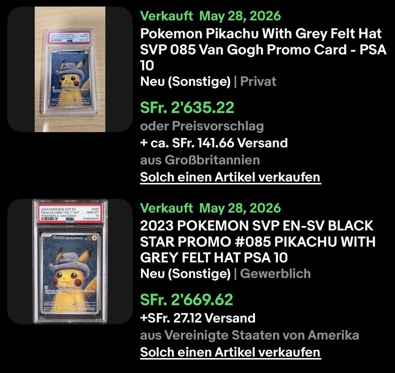 Pokémon Carte collezionabili: Pikachu Grey Felt Hat x Van gogh PSA 10 – Usato da Kreuzlingen venduto da MeatyVale 2