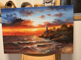 Original Gemälde Leuchtturm Sonnenuntergang 90x60cm Signiert