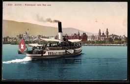 Zürich, Binnenschiff Speer vorm Alpenqu