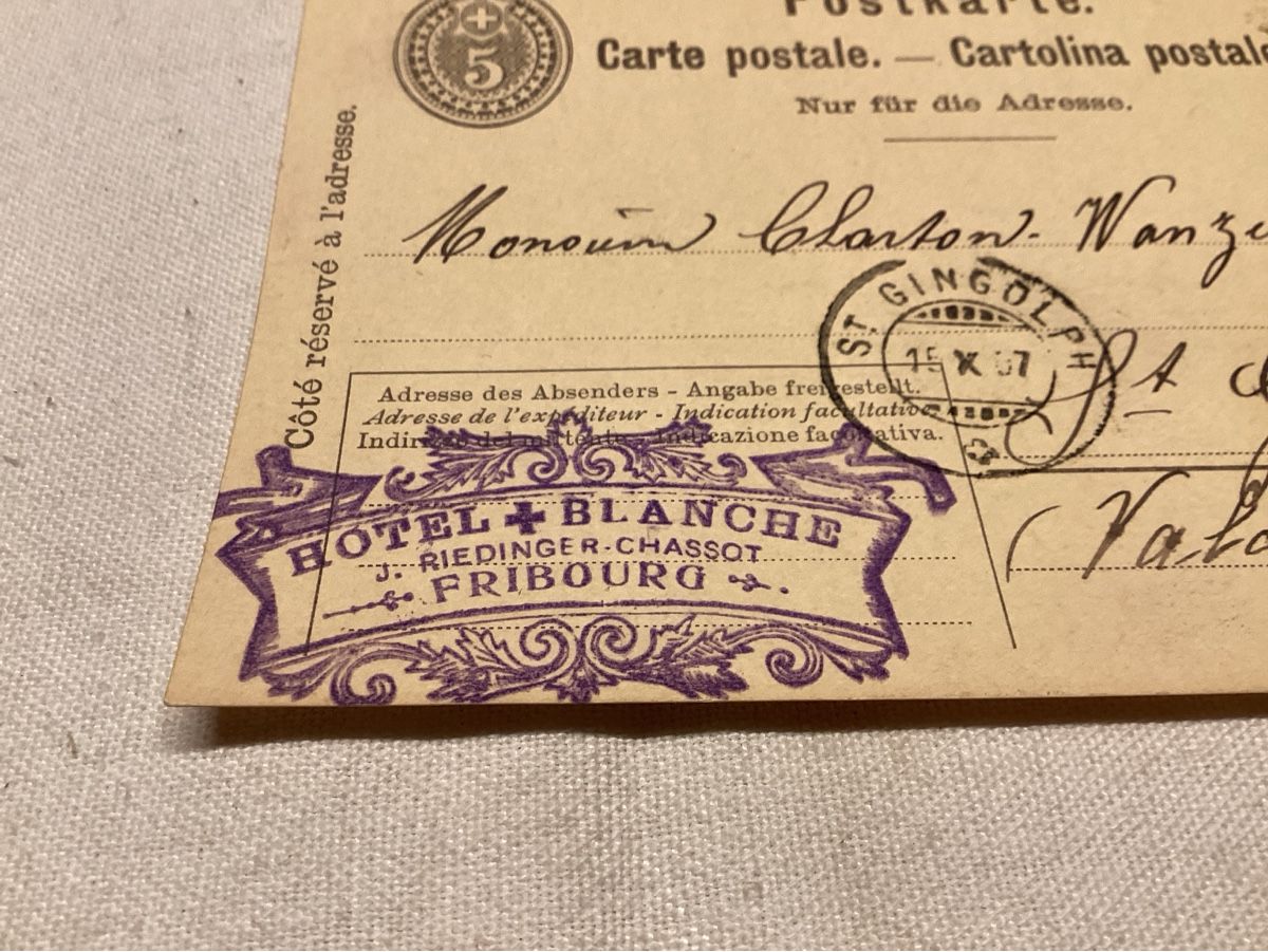 Ansichtskarten: Fribourg hôtel + blanche 1907 – Gebraucht aus Luc (Ayent) von Rebouille 1