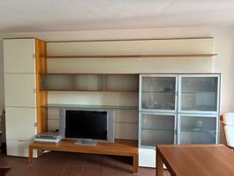 Wohnwand aus Edelholz und Glasvitrinen