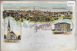 Gruss aus Pfäffikon Ct. ZH - Schulhaus, Kirche - Litho 1900
