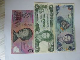 3 Banknoten Australien Bahamas Cayman Inseln gebraucht