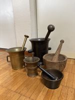 5 Antike Mörser, Messing, Holz