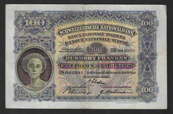 Banknoten: CH -  100  Fr.  1938  Gebraucht – Gebraucht aus Gordola von coinsandnotes