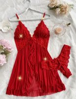 Negligee-Spitzennachthemd-String-Spitzen Slip-Rot - Grösse S