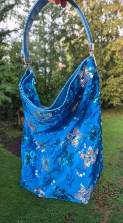BAG SHOPPER TASCHE BLAU PAILLETTEN LEDER OPTIK GLITZER TOP