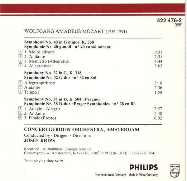 CD: Mozart - Symphony no. 40, 32 & 38 - Josef Krips – Usato da Unterbäch venduto da niquz 1