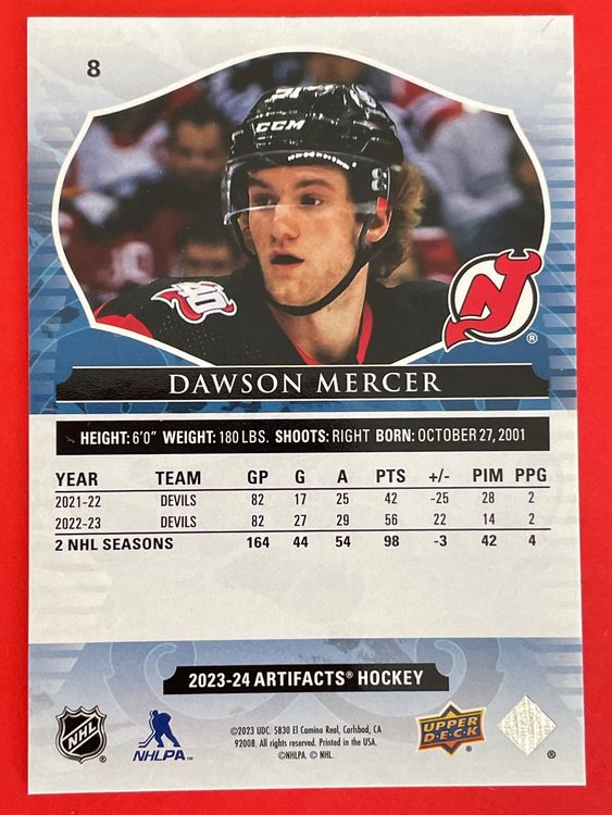 NHL #8 Dawson Mercer NJ Devils Artifacts 2