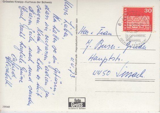 Cartoline postali: Kurhaus Kneipp, Dussnang, 1973 – Usato da Zuerich venduto da OceanLinerPostcards 1