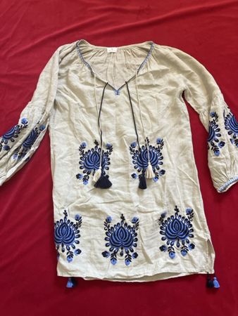 Bluse Damen BENARAS Stickerei Blau Leinen Grösse M
