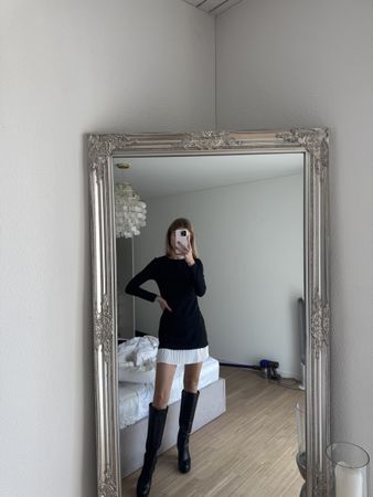 Black Mini Dress with White Pleated Detail