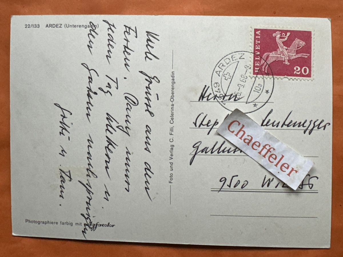 Cartoline postali: 1968  22/133 Ardez Unterengadin – Usato da Zürich venduto da Chaeffeler 1