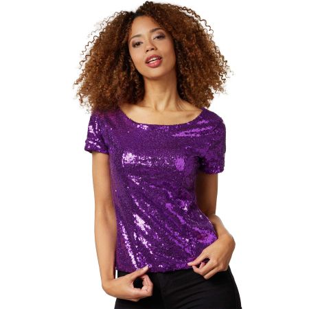 Pailletten-Kurzarm-Shirt Lila XL