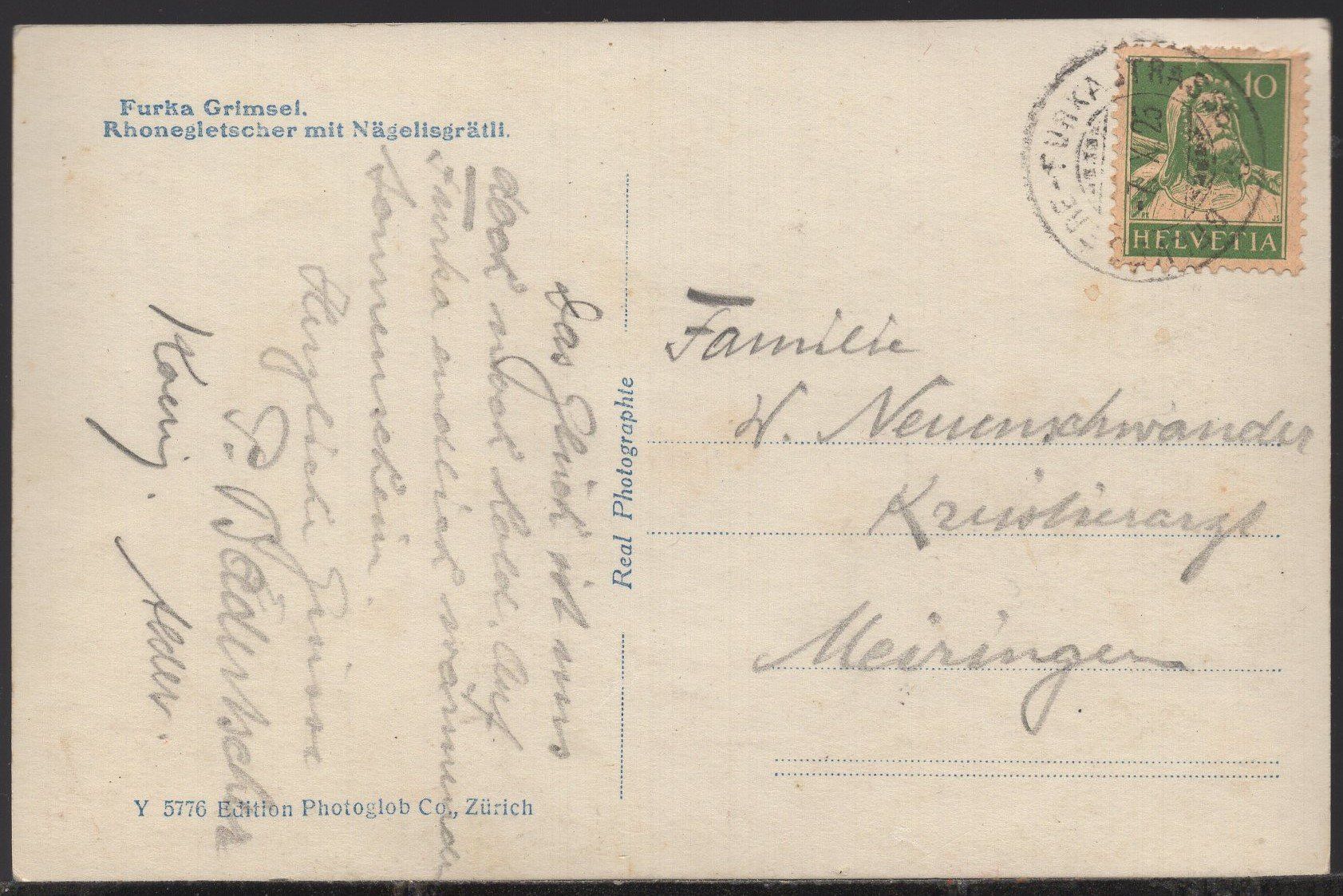 Ansichtskarten: Furka Grimsel  Rohnegletscher  1925 – Gebraucht aus Aarau von kufi44 2