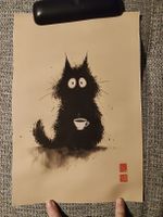 affiche sur toile chat noir tasse à café style japonnais
