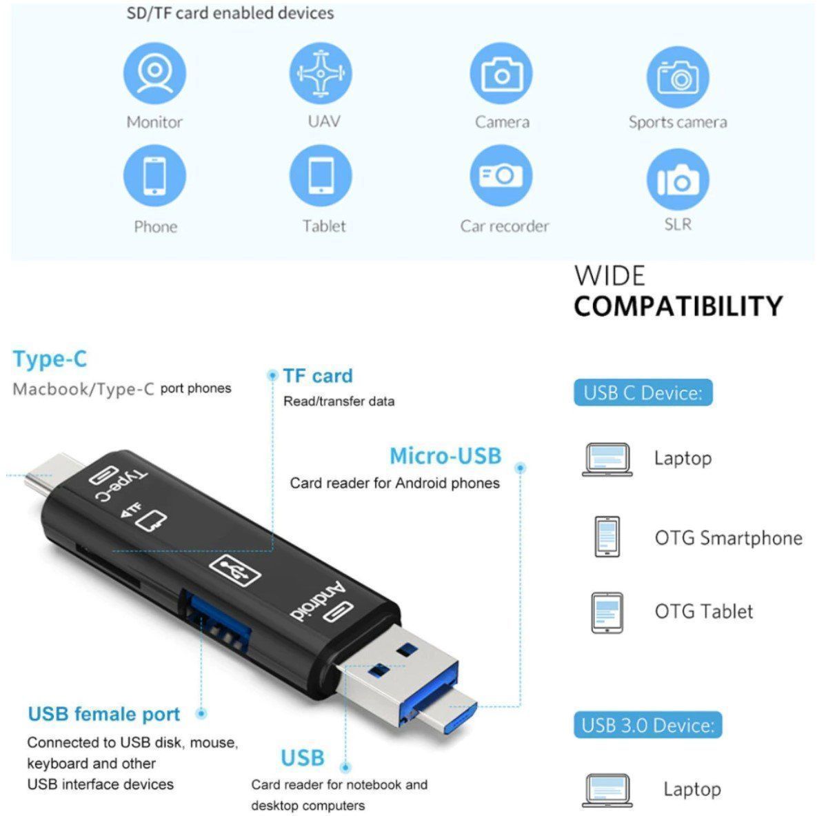 Lettori di schede: Universal USB und microSD Reader 3in1 USB-C/USB-A/microUSB – Nuovo e nell'imballaggio originale da Rorschacherberg venduto da elektrofreak 1