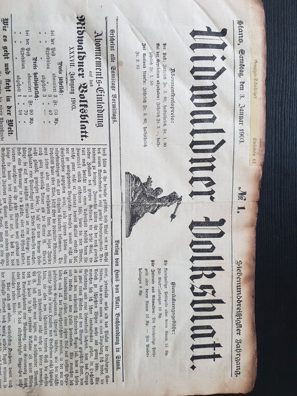 Riviste & Magazine: Komp. Jg. 1903  Nidwaldner Volksblatt – Usato da Neuenkirch venduto da Trouvaillix 2