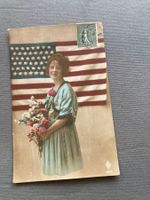 Alte Postkarte USA-Flagge mit Mädchen & Blumen.USA-Flagge...