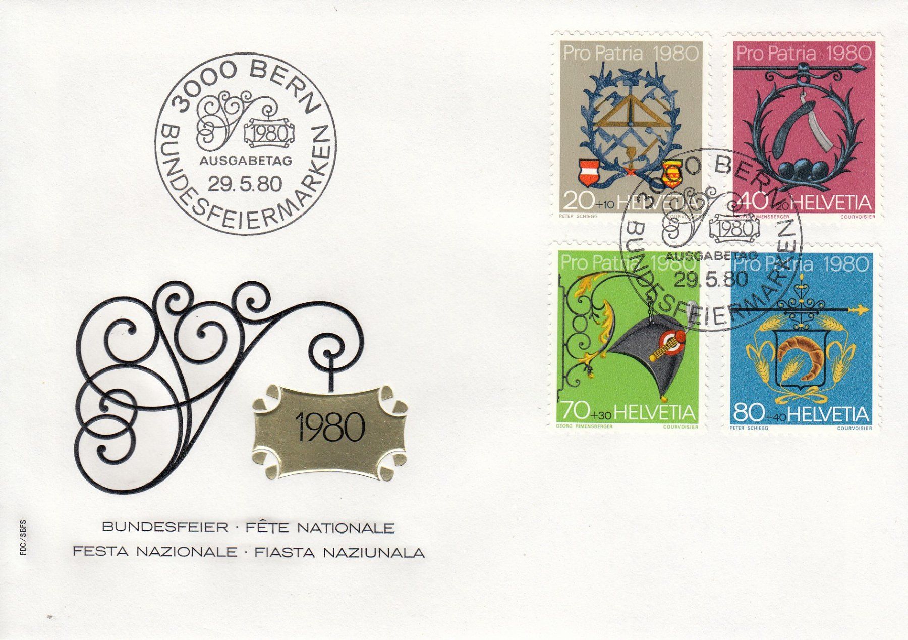 Tutti i francobolli: 1980 Pro Patria FDC 3000 Bern 29.5.80 – Usato da Spreitenbach venduto da Mustang_1105