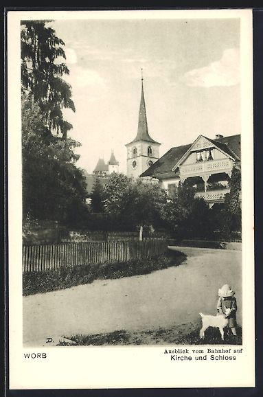 Cartoline postali: Worb, Kirche und Schloss vom Bahnhof aus – Usato da Berlin venduto da bartko-reher