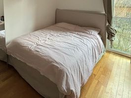 Queen Bed Frame with Headboard - Light Beige Fabric