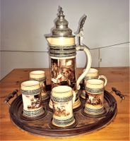 Rarität Bierkanne mit 6 Krügen u. Tablett um 1900 Merkelbach