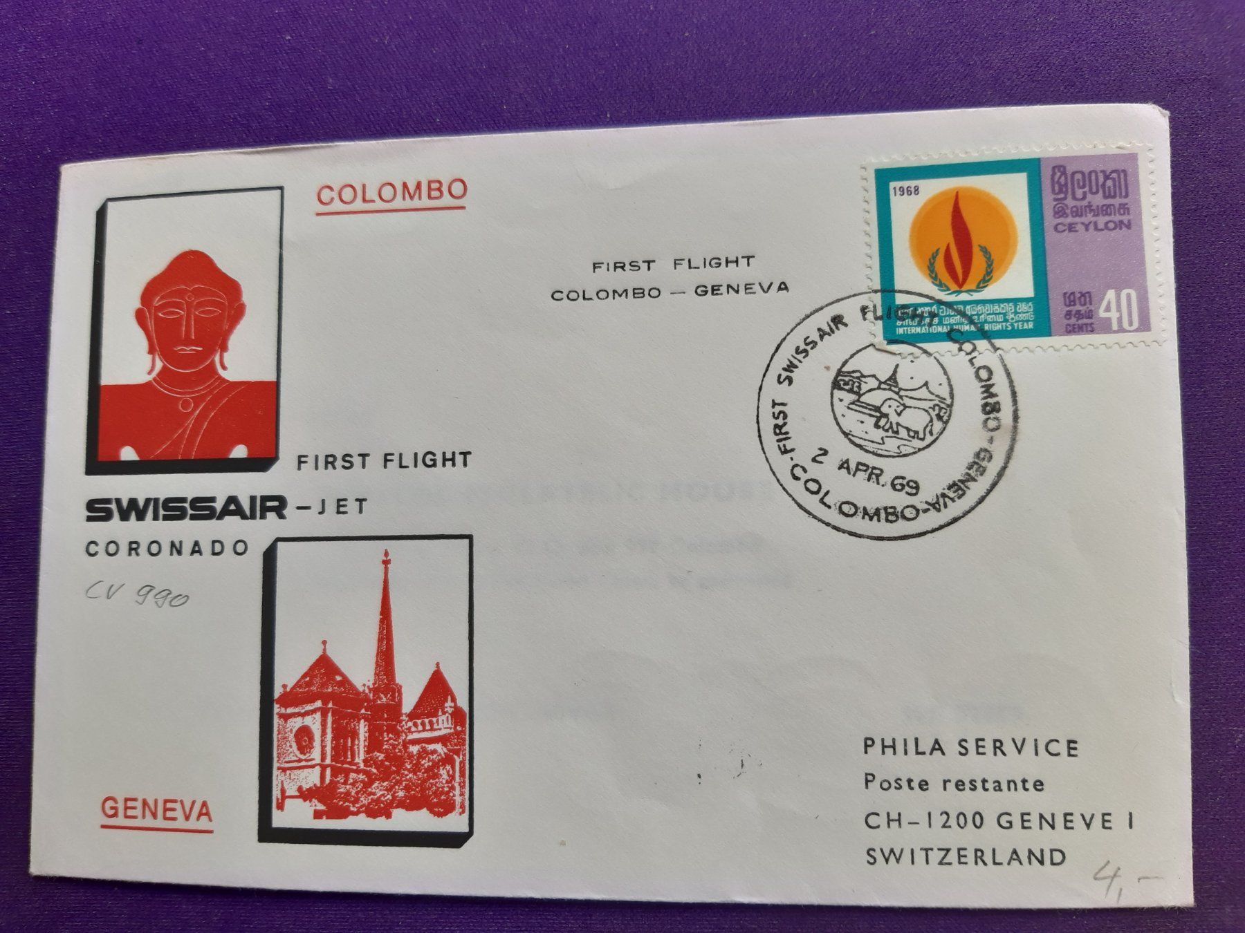 Tutti i francobolli: Erstflugbrief COLOMBO - GENEVA 2. April 1969 – Nuovo (secondo la descrizione) da Wangs venduto da weisstannen01