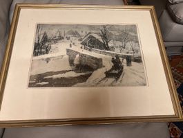Winterliche Dorfszene - Radierung signiert, gerahmt Pollock