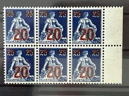 Helvetia m. Schwert, 6erBlock, 25/20, postfrisch