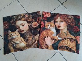 2 Kissenhüllen mit Katzenmotiv /Damen portrait Vintage 45x45