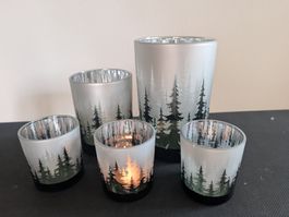 Teelichthalter Set 5-teilig Glas Waldmotiv_TOP Zustand
