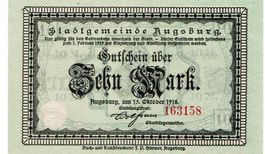 Augsburg 10 Mark Geiger 025.06 WzTropfen 15.10.1918 VZ++-UNZ