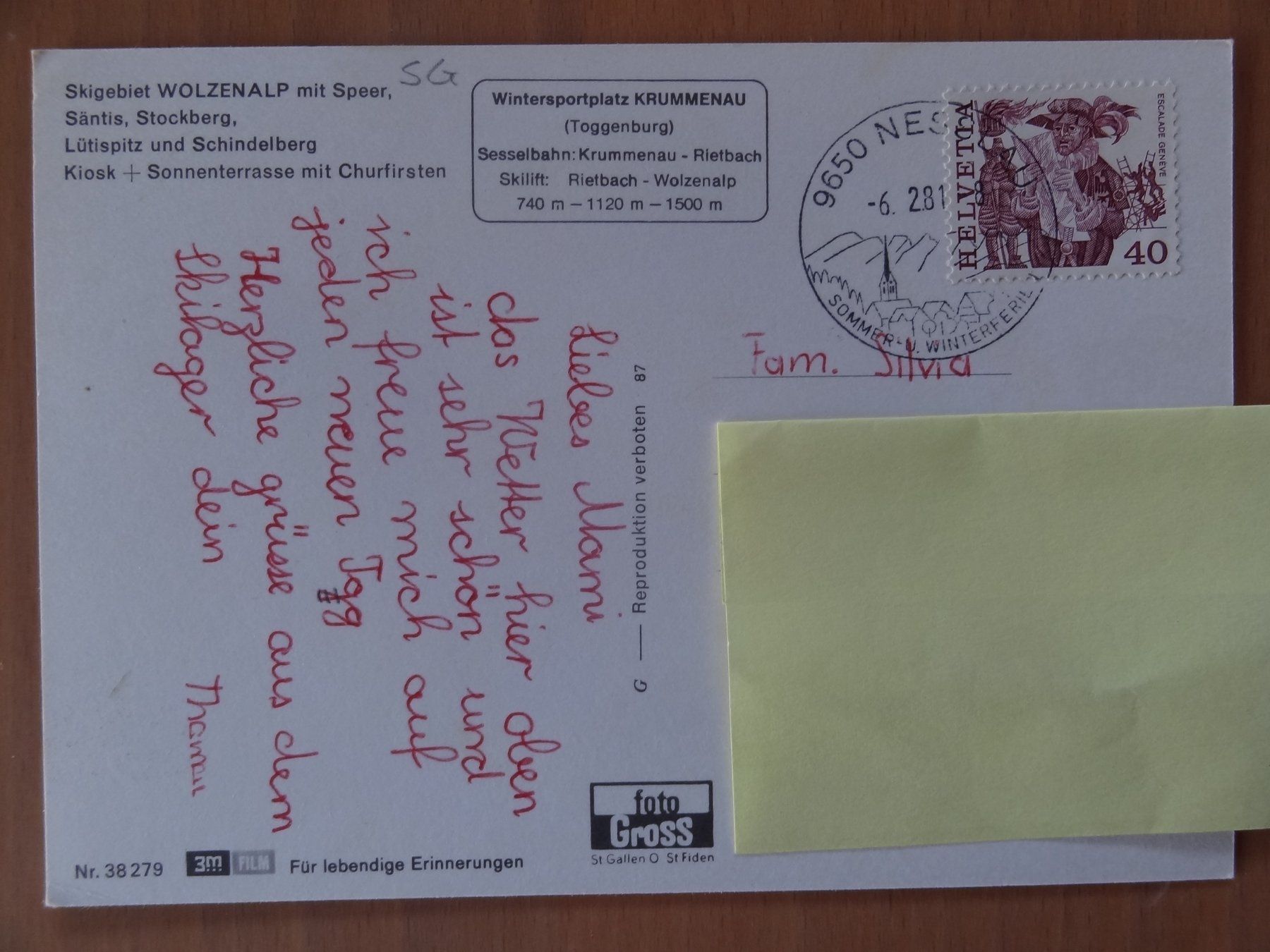 Cartoline postali: Krummenau - Wolzenalp - 1981 – Usato da St Léonard venduto da Riglin 1