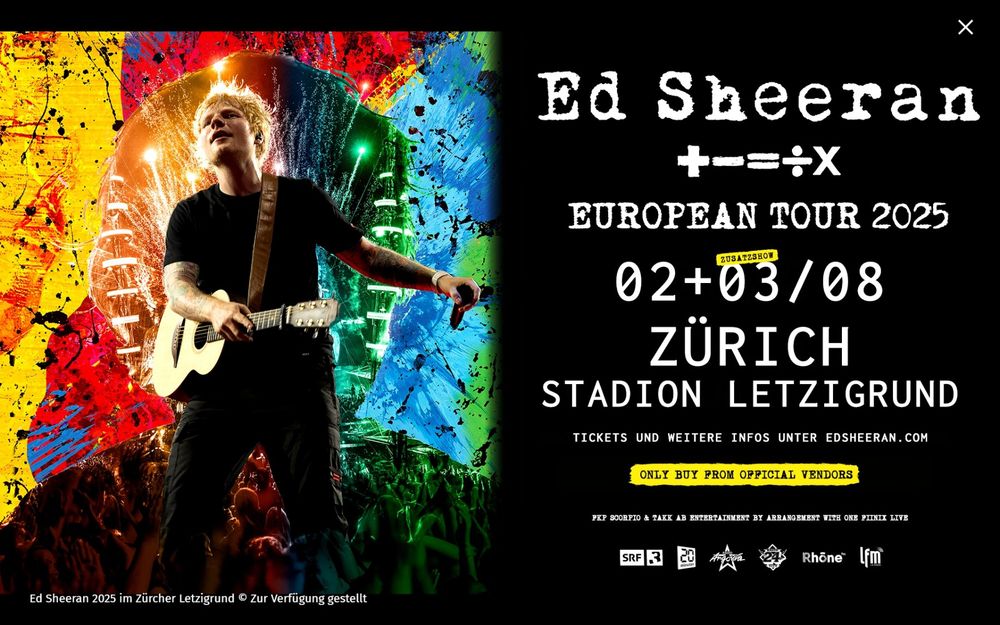 Ed Sheeran Konzert Letzigrund am Sa 02. Aug 2025 (Neu (gemäss ...