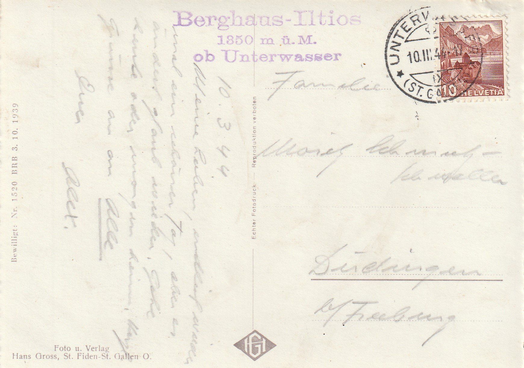 Cartoline postali: AK - Iltios - gel. 10.3.1944 – Usato da Fribourg venduto da schnalla92 1