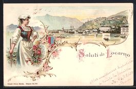 Litho Locarno, Stadtansicht vom See her,