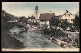 AK Murg, Brücke, Kirche und Häuser am Fluss