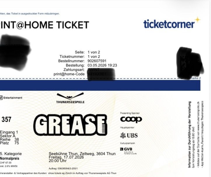 Biglietti: 2 Tickets Grease Freitag 17.7. 20 Uhr – Nuovo e nell'imballaggio originale da Luzern venduto da Kleinerprinz17