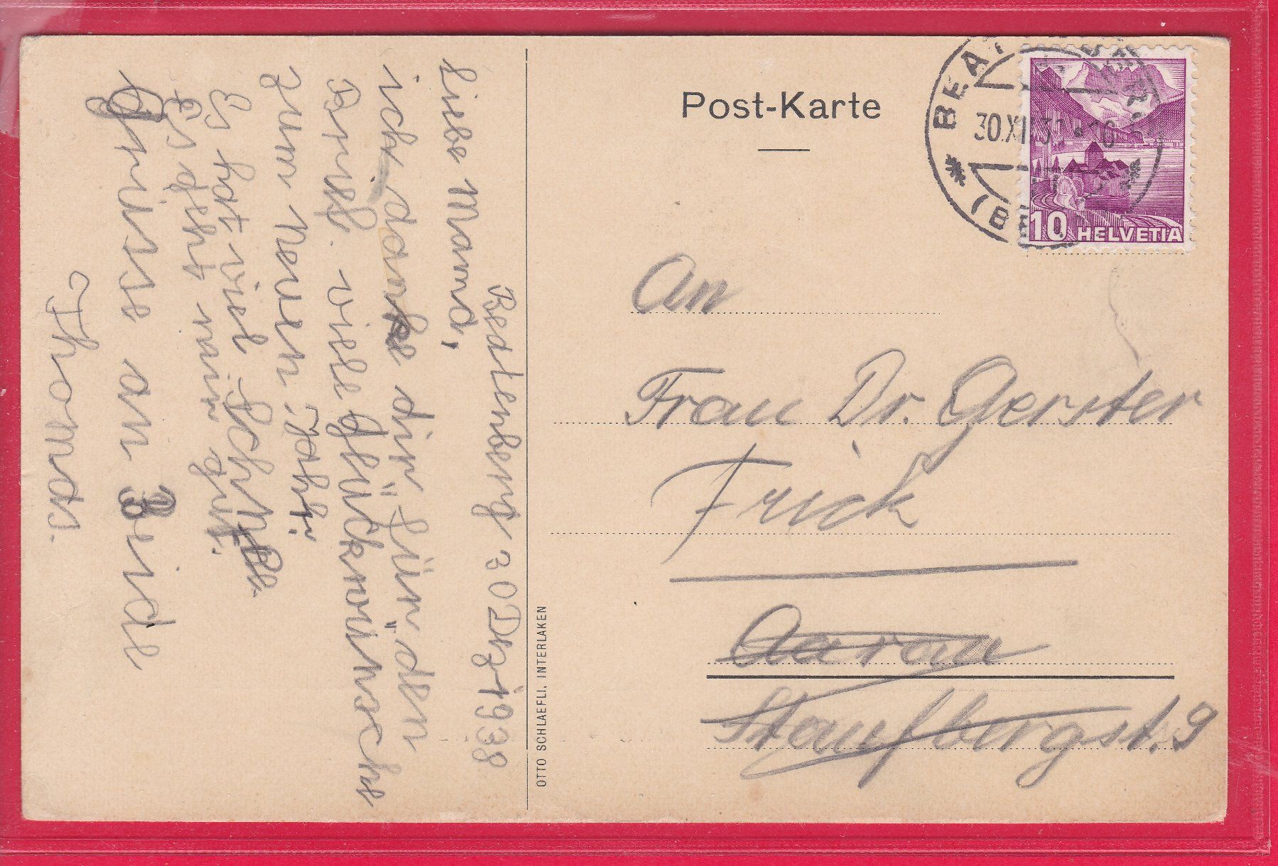 Cartoline postali: BEATENBERG, PENSION FREIEGG, 30.9.1938 – Usato da Oberrieden venduto da Gebirgsstelze 1