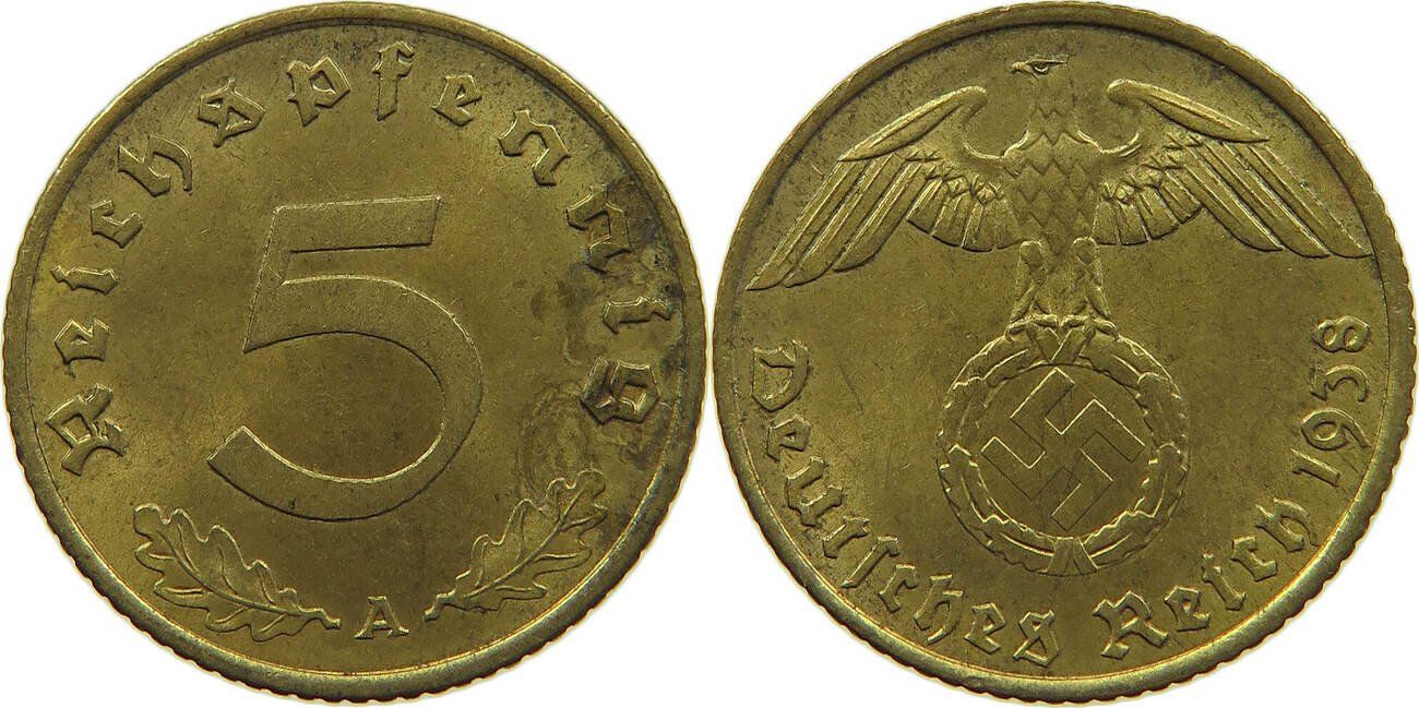 Alle Münzen: 5 Pfennig Deutsches Reich 1938 A – Gebraucht aus Kriens von TSCH1