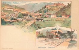 Bellinzona TI Panorama e stazione ferroviaria Bahnhof Litho