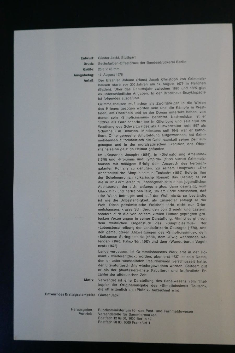 Alle Briefmarken: Ersttagsblatt Deutschland 19/1976 – Neu (gemäss Beschreibung) aus Zumikon von chv_w96q 2