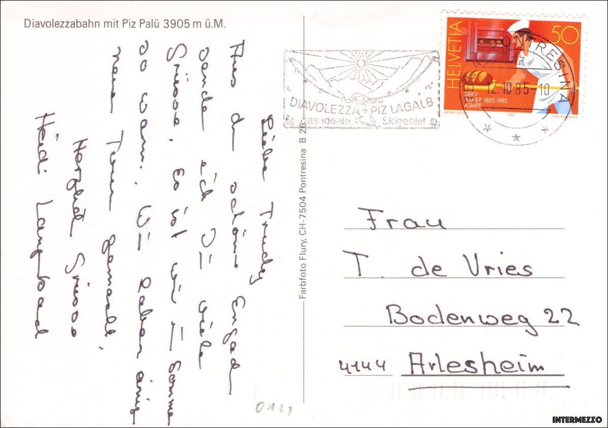 Cartoline postali: Pontresina GR // 1985 Seilbahn Diavolezza // Winter – Usato da Basel venduto da intermezzo12 1